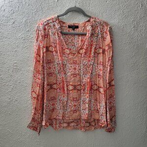 Sanctuary Sz S Orange & White Long Sleeve Blouse V-Neck Strings Peasant Top